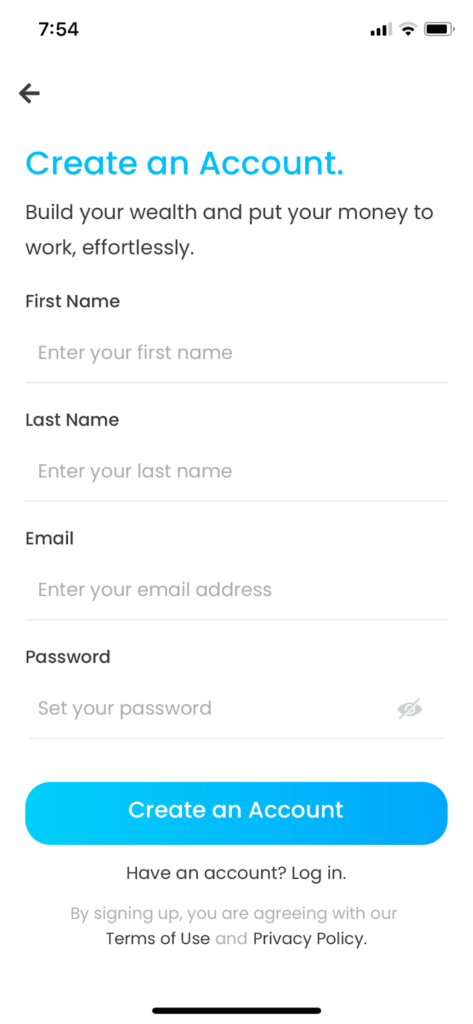 Creating an account in the Investa app