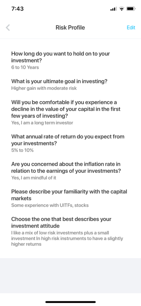 Risk profile assessment for the investing platform